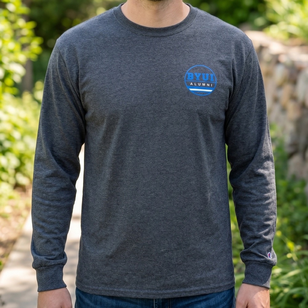 Champion BYUI Alumni Long Sleeve T-Shirt Charcoal Heather BYU Idaho Rexburg Mens